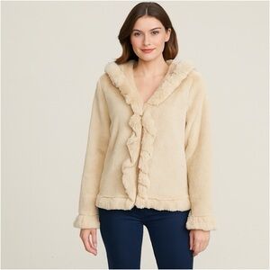 Damselle New York Faux Fur Ruffle Trim Jacket Ivory M Hooded Soft Cozy